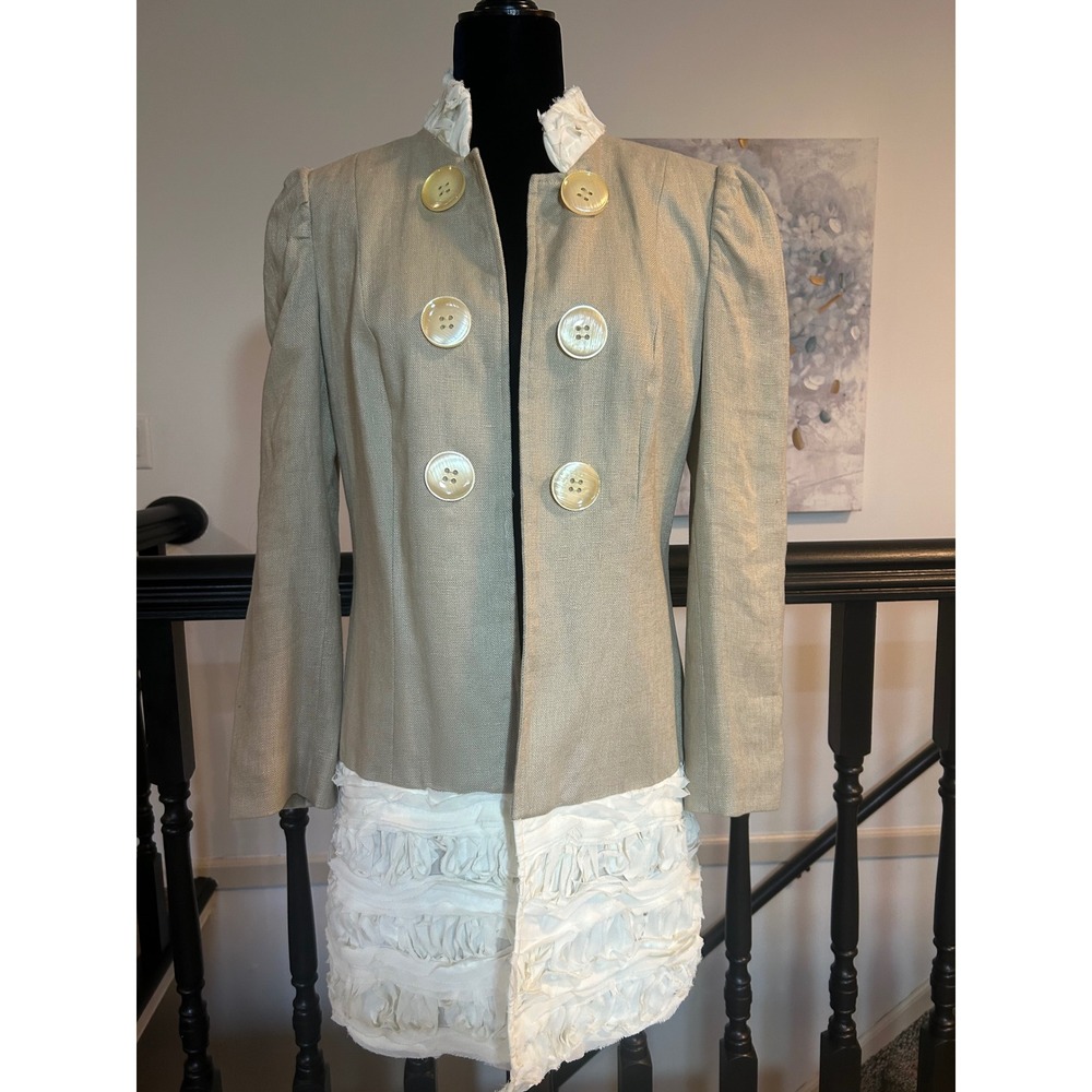 Insight New York Tan Linen Ruffle Trim Blazer Jacket Puff Sleeve Size 10